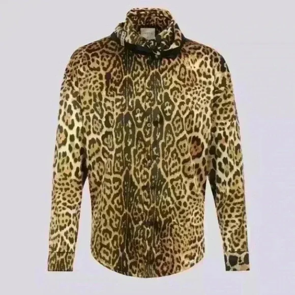 Orttu Justin Shirt w/matching Scarf Silky satin‎ with bold jaguar print Sz Large